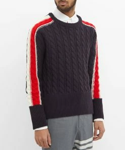 Thom Browne Tricolour Sleeve Stripe Crew Cable Knit -Outlet Sweaters Store 03 12 2021 LL MKA389A Y1024 415 4 1
