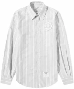 Thom Browne Floral Applique Striped Button Down Oxford Shirt