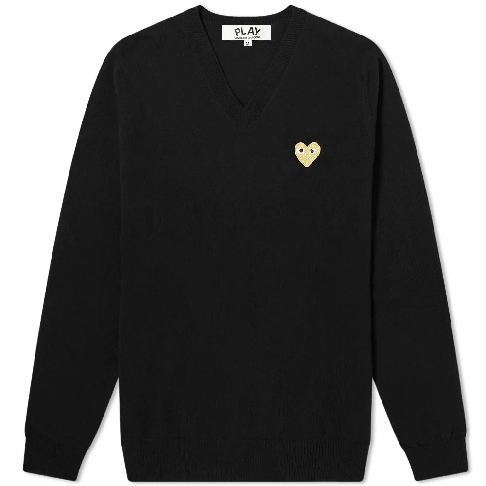 Comme Des Garçons Play Comme Des Garcons Play Gold Heart V-Neck Jumper 1 Comme Des Garçons Play Comme Des Garcons Play Gold Heart V-Neck Jumper