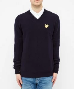 Comme Des Garçons Play Comme Des Garcons Play Gold Heart V-Neck Jumper -Outlet Sweaters Store Comme des Garcons Play Gold Heart V Neck Jumper Navy P1N048 2 5 1